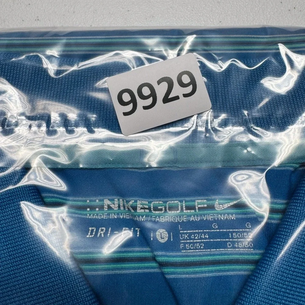 Nike Golf Polo Shirt Mens Large Blue‎ Striped Dri-FIT Stretch Performance Swoosh
